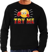 Funny emoticon sweater Try me zwart heren S (48)