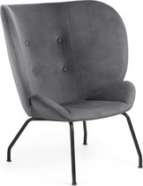 Kave Home - Violet fauteuil in fluweel donkergrijs en stalen poten met zwarte afwerking