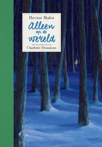 Boekomslag met de titel "Alleen op de wereld" in sierlijk handschrift, in een besneeuwd bos met een klein figuurtje op een schommel.