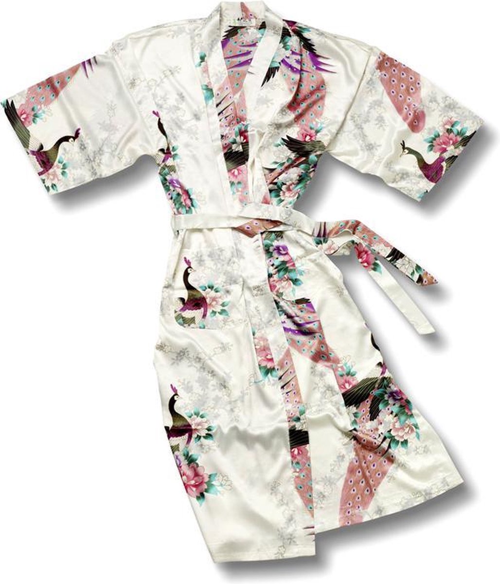 TA-HWA - Dames Kimono - met Pauw Motief - Wit - Maat L