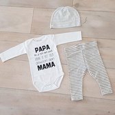 Baby 3delig kledingset pasgeboren unisex | maat 50-56 | grijs wit gestreept broekje en mutsje en witte romper lange mouw met tekst zwart Papa als je het niet weet vraag je het toch