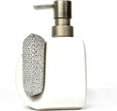 Distributeur de savon Lucy Living avec tampon à récurer - blanc - H 15,5 x L 10,5 x P 10 cm - Toilette - salle de bain - cuisine - accessoires de salle de bain - avec tampon à récurer