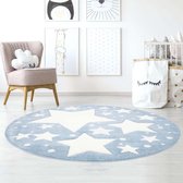 Rond vloerkleed kinderkamer Sterren 3D - blauw/crème 120 cm rond