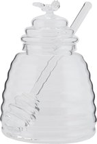 Clayre & Eef Honingpot met Lepel 6GL1509 Ø 9*13 cm / 0,43 L - Transparant Glas  Voorraadpot Deksel  Bewaarpot  Opbergpot