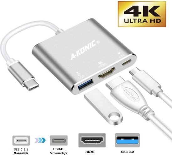 A-Konic USB-C Hub, 3 in 1 Adapter | USB-C naar HDMI