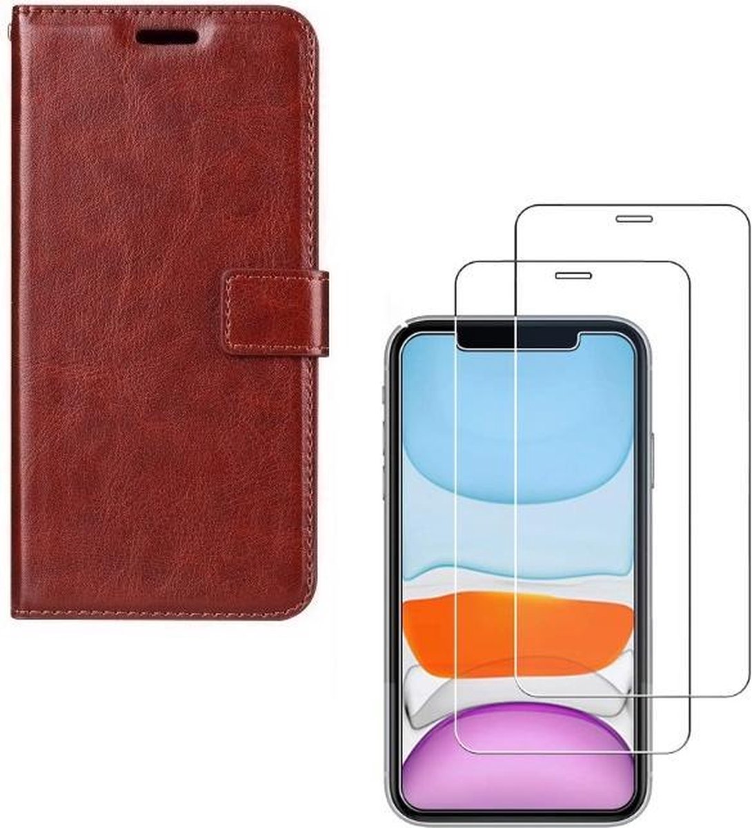Bookcase Geschikt voor: iPhone 11 Pro Max - Bruin - portemonee hoesje + 2X Tempered Glass Screenprotector