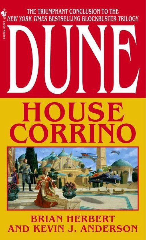 Boekomslag van Dune: House Corrino. Rode en gele achtergrond met gouden letters. Afbeelding van een futuristische stad.