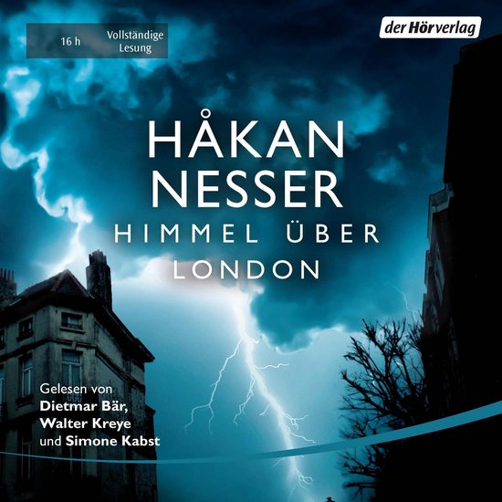 Audioboek cover Himmel über London door Håkan Nesser met blikseminslag boven een donkere stad en een duur van 16 uur.