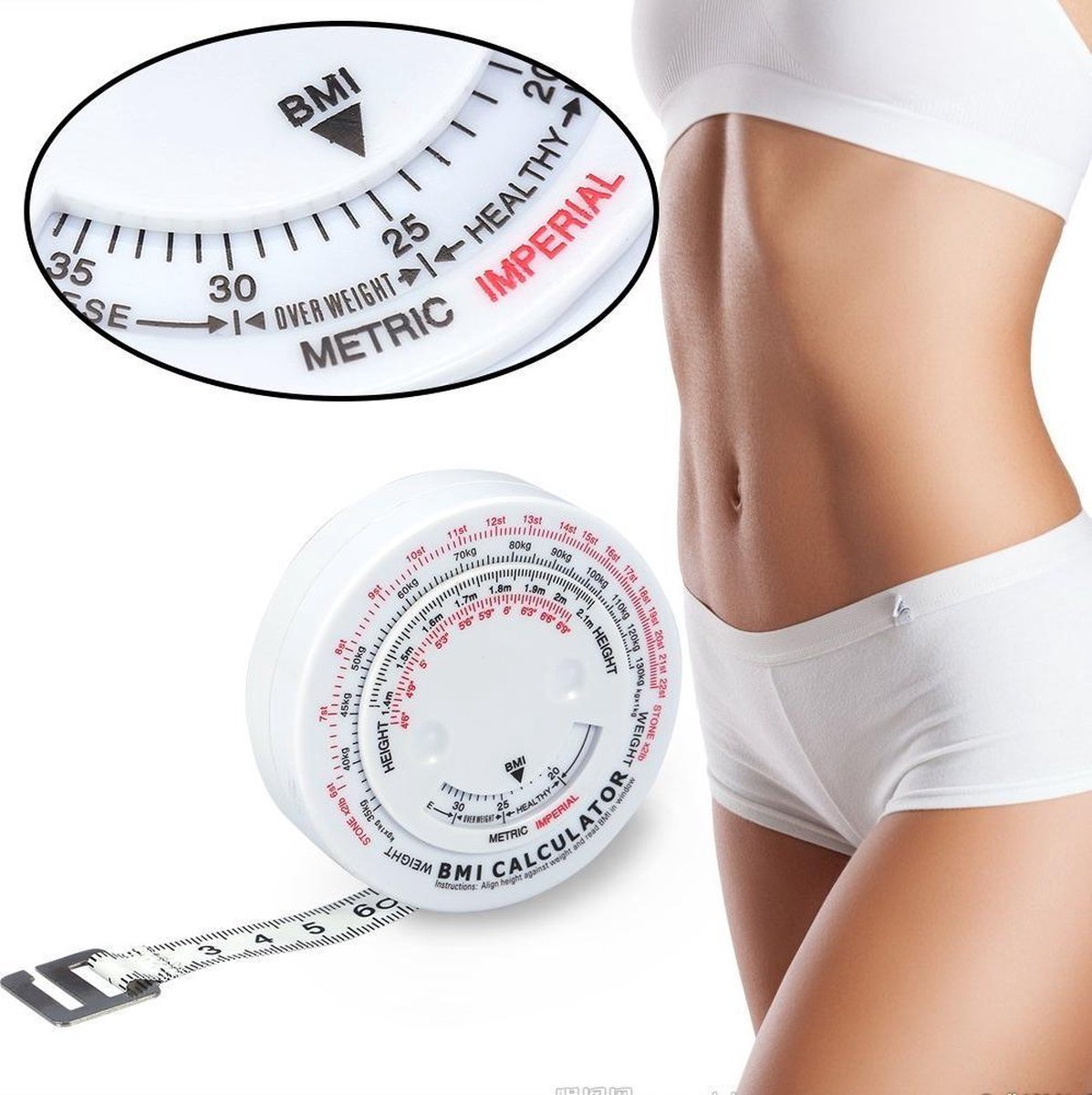 Meetlint omtrek met BMI-meter - bereken eenvoudig uw body mass index - alternatief voor huidplooimeter / vetmeter - hulpmiddel voor gewichtsverlies - wit