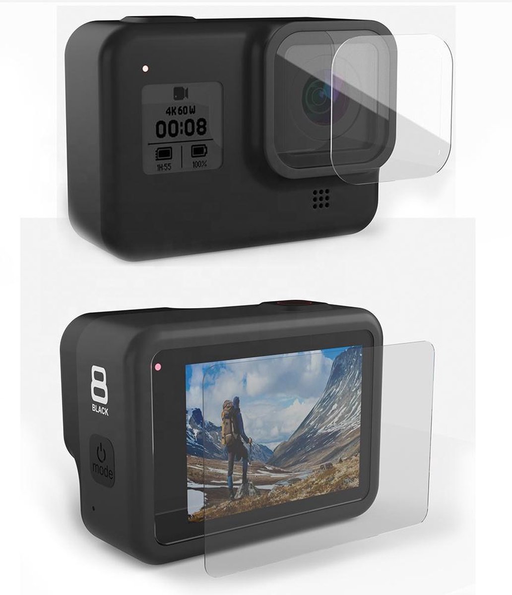 Gehard Glas Screenprotector geschikt voor GoPro Hero 8 Black - Tempered Glass - 1x LCD & 1x Lens - Bescherming GoPro LCD & Lens set - 9H gehard glas