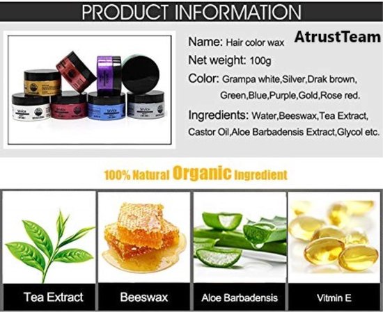 AtrustTeam – Kleur Haar Wax- Haarwax-HaircolorWax – Direct natuurlijke haarkleur, Natuurlijke ingrediënten Wasbaar-Feest wax –Tijdelijke Haarkleur-Carnaval- Moderne look- Haarcrème-Natuurlijke product -Waterbasis –Kleur:Wit -Nieuw 2020