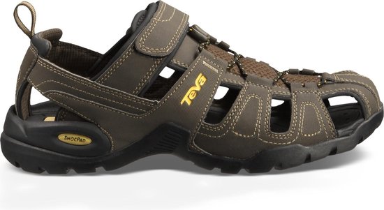 Bruine Teva sandalen met "Teva" logo, klittenbandsluiting en veters.
