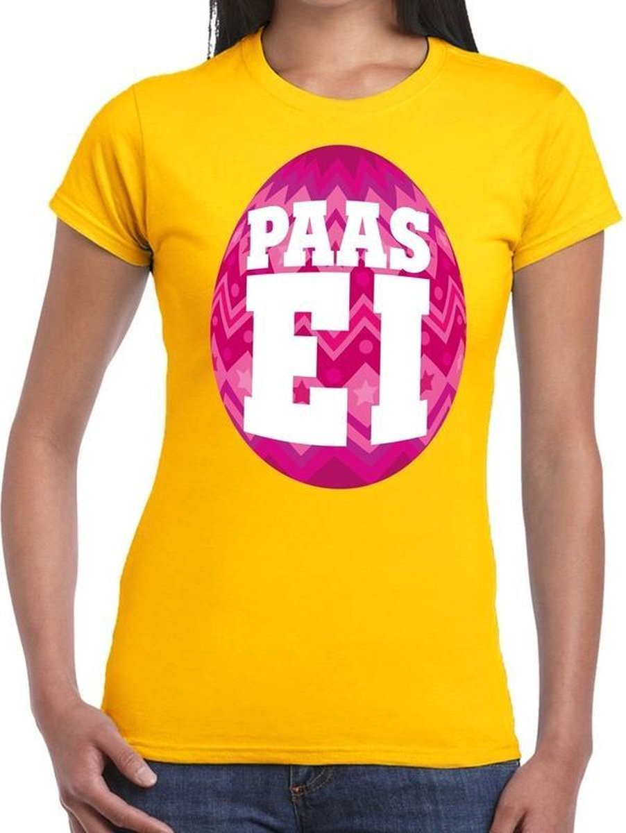 Afbeelding van product Bellatio Decorations  Geel Paas t-shirt met roze paasei - Pasen shirt voor dames - Pasen kleding XS  - maat XS