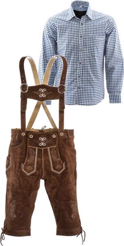 Lederhosen set | Top Kwaliteit | Lederhosen set F (goudbruine broek + blauw overhemd)-58-S