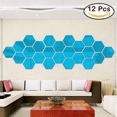 Zelfklevende Hexagon Spiegel Stickers - Wand Decoratie Spiegel Tegels - Spiegelende Tegelstickers Muurstickers - 3D Spiegelstickers - Zeshoek - Set Van 12 Stuks - Blauw - 10*8,5 CM