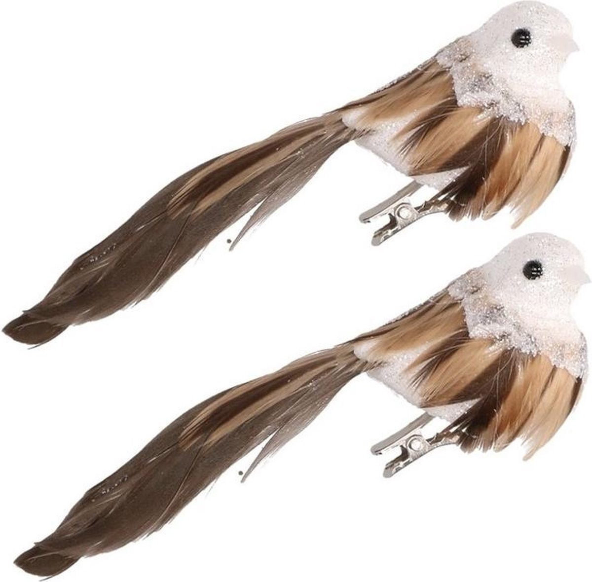2x Kerstboom decoratie vogeltje op clip bruin/wit 11 cm