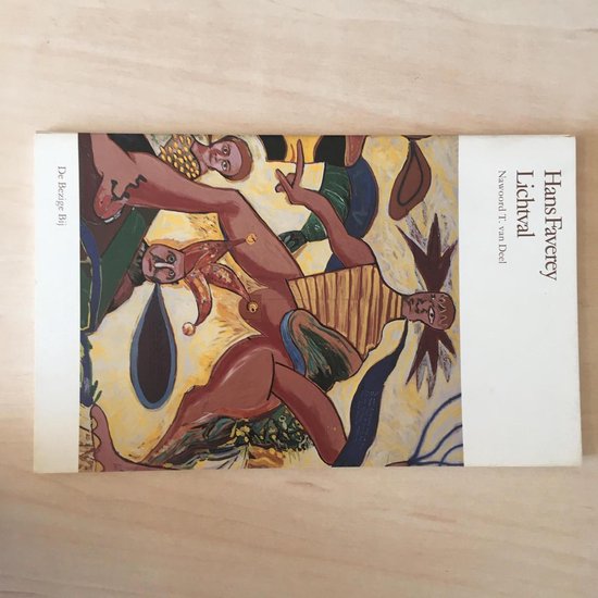 Boek "Lichtval" van Hans Favereij. Abstracte illustratie met een naakte man in gestreepte top en een nar. Achtergrond met boomtakken en blauwe lijnen.
