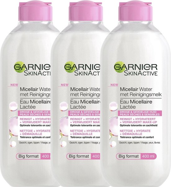 Garnier SkinActive Micellair Water met Reinigingsmelk Droge & Gevoelige huid – 3 x 400ml – Micellair Water Voordeelverpakking