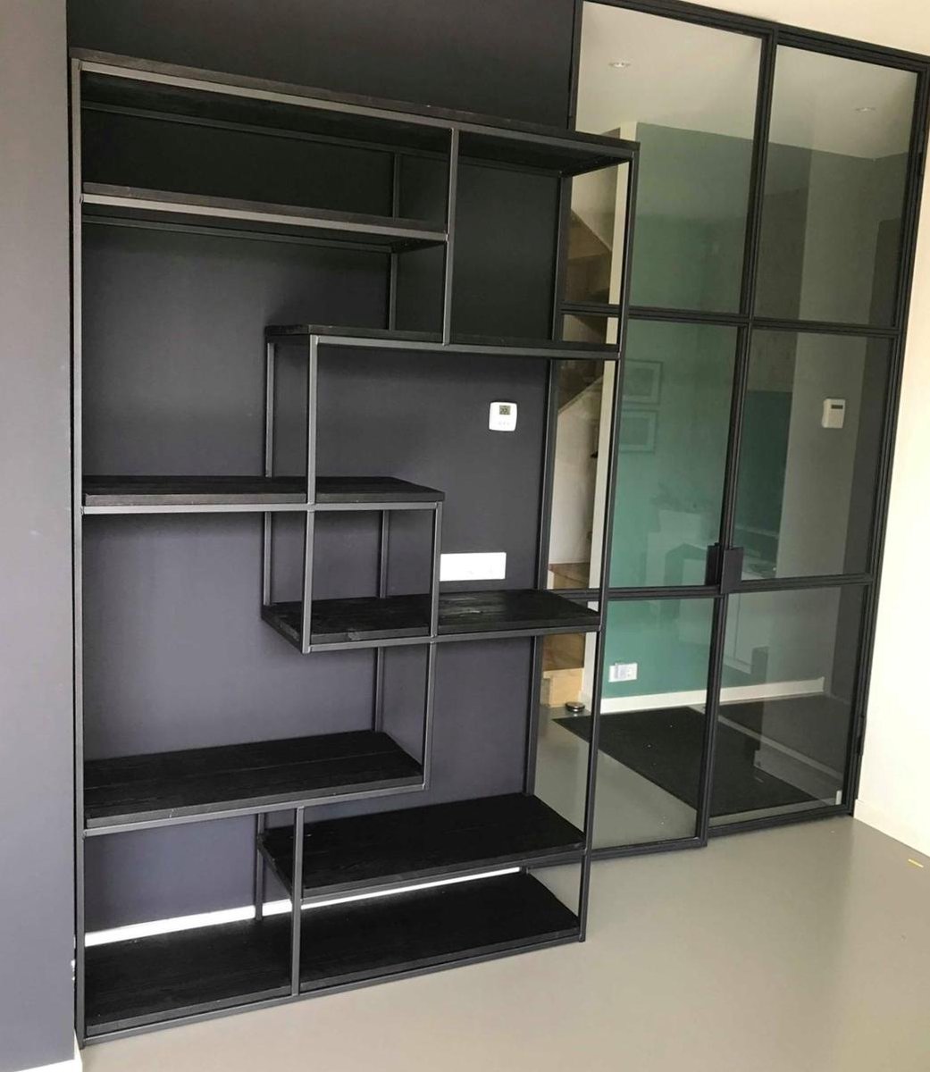 industriële wandkast roomdivider van staal met hout