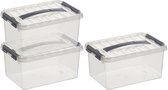 3x Sunware Q-Line opberg boxen/opbergdozen 6 liter 30 cm kunststof- Opslagbox - Opbergbak kunststof transparant/zilver