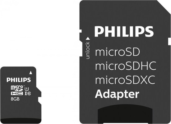Philips 8GB micro SDHC kaart en bijbehorende SD adapter.