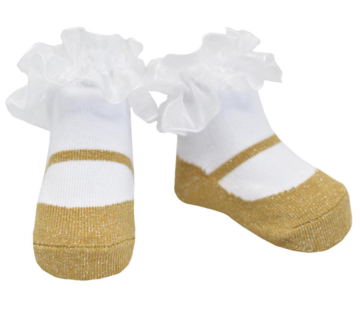 Gouden glitter baby meisje sokjes met organza-0-12 maanden-Anti slip zooltjes-Kraam cadeau-Baby shower