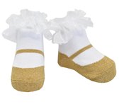 Chaussettes bébé fille paillettes d'or avec organza-0-12 mois-Semelles antidérapantes-Cadeau de douche de bébé-Douche de bébé
