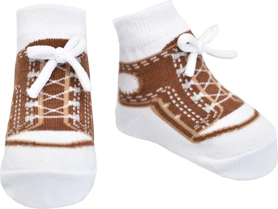 Sneaker sokjes-bruin-voor baby  0-12 maanden.  Witte vetertjes-Anti slip zooltjes-Kraamcadeau-Baby shower