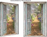 Buitencanvas op houten frame gespannen - 75x100x2 cm - openslaande houten Deuren naar Hortensia tuin - tuinposter - tuin decoratie - tuinposters buiten - tuinschilderij