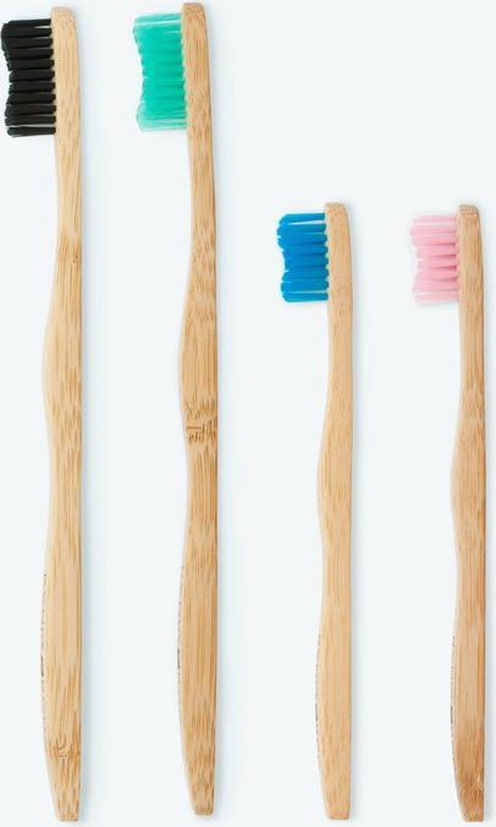 The Bam & Boo Family Pack - bamboe tandenborstel 4 stuks familie set - 2 x tandenborstels volwassenen + 2 x tandenborstels kind - 100% Vegan - zachte borstelharen - zwart groen roze blauw