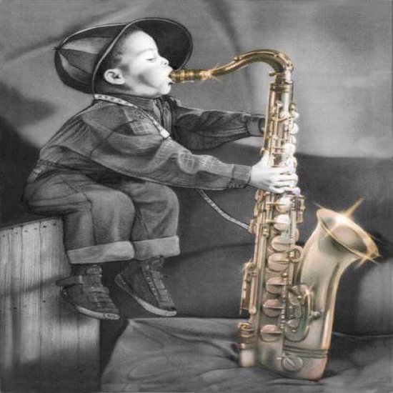 Stoere muurdecoratie op Forex plaat - jongen met saxofoon- poster-40x50 cm