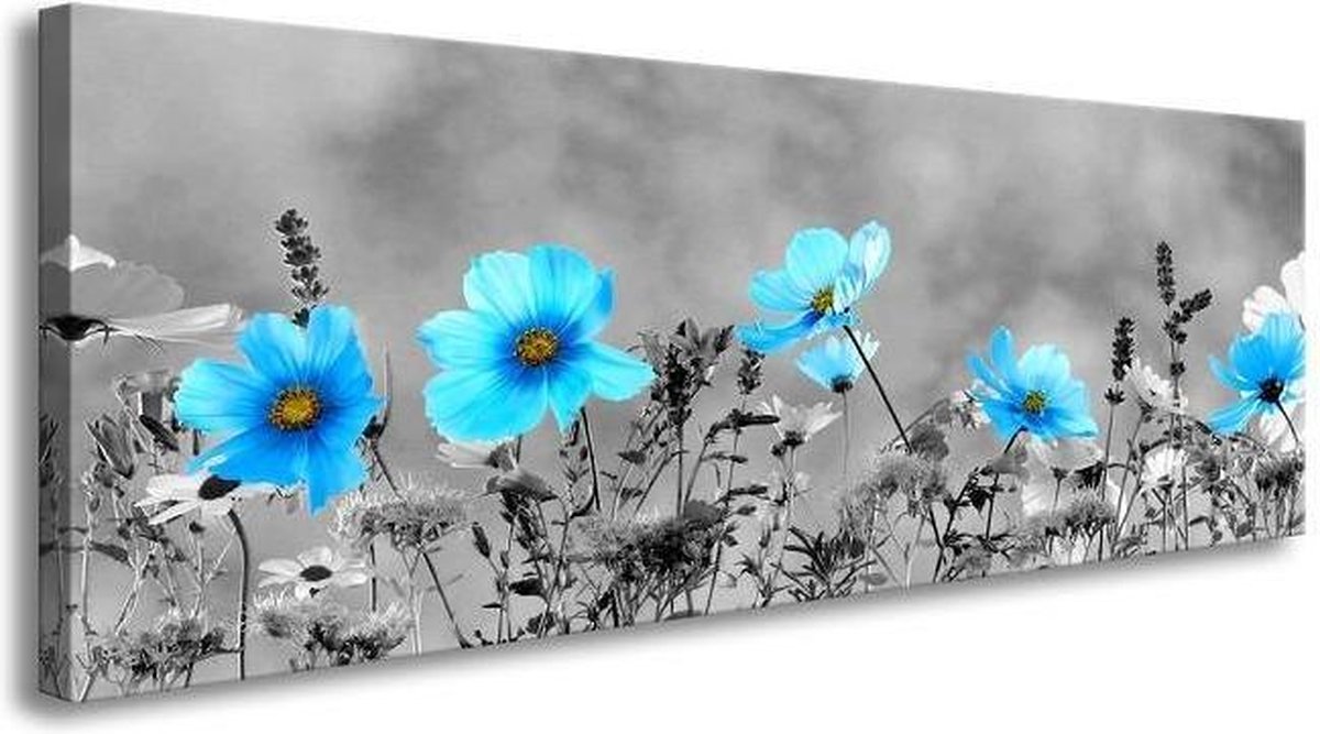 karo-art Schilderij - Veld Bloemen, Blauw/Grijs, 120X40cm, 1luik Multikleur