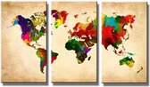 Schilderij - Gekleurde Wereldkaart, 120X80cm, 3luik