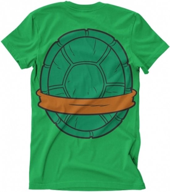 Groen T-shirt met opdruk van de achterkant van een schild en bruine band.