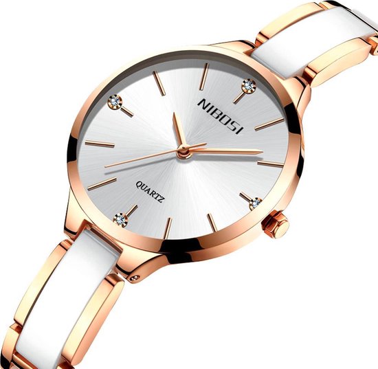 NIBOSI Horloges voor Vrouwen – Luxe Rosé/Wit Design - Ø 32 mm – Geschenkset