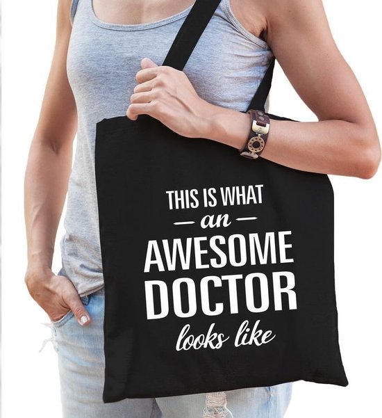 Awesome doctor / dokter cadeau katoenen tas zwart voor dames - zorgpersoneel kado /  tasje / shopper