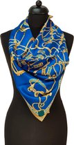 ThannaPhum Luxe zijden sjaal - donkerblauw met beige rand - Paarden hoefijzer patroon 85 x 85 cm