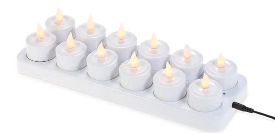 LED Kaarsen + Oplaadbare Basis – Veilige Waxinelichtjes – Decoratie – 12 Stuks + Cups - saaf