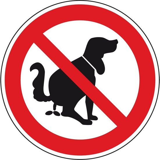 Verboden voor honden om uitwerpselen achter te laten. Rond bord met rode rand en dwarsbalk.