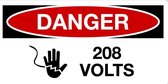 Sticker 'Danger: 208 Volts' 100 x 50 mm