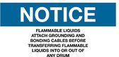 Sticker 'Notice: Flammable liquids attach grounding and bonding cables before transferring', 150 x 75 mm