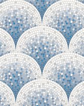 Steen tegel behang Profhome BA220046-DI vliesbehang hardvinyl warmdruk in reliëf gestempeld in tegel patroon glimmend blauw wit duifblauw 5,33 m2
