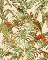 Vogels behang Profhome DE120013-DI vliesbehang hardvinyl warmdruk in reliëf gestempeld met exotisch patroon glanzend crème groen oranje 5,33 m2