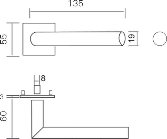 Technische tekening van een RVS deurklink met afmetingen: 135x55mm (hendel), 60mm (onderkant), 19mm (diameter hendel), 8mm (spindel), 3mm (dikte).