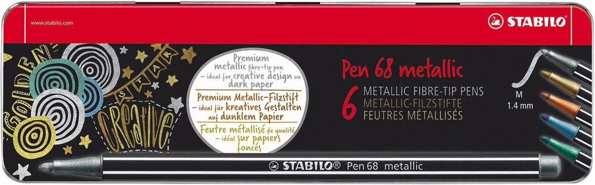 STABILO Pen 68 Metallic - Premium Metallic Viltstift - 6 Stuks Metalen Etui - 5 Verschillende Kleuren