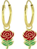 Joy|S - Zilveren rode roosje bedel oorbellen 14k goudplating oorringen