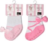 Festive Roze en Ballerina Roze  sokjes voor baby meisje 0-12 maanden. Satijnen strikjes-Anti slip zooltjes-Kraamcadeau-Baby shower