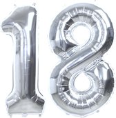 Folie Ballon Cijfer 18 Jaar Zilver 86Cm Verjaardag Folieballon Met Rietje