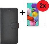 Geschikt voor Samsung Galaxy A71 / A71s Hoes Wallet Book Case Cover Pearlycase Zwart + 2X Screenprotector Tempered Gehard Glas 2 stuks