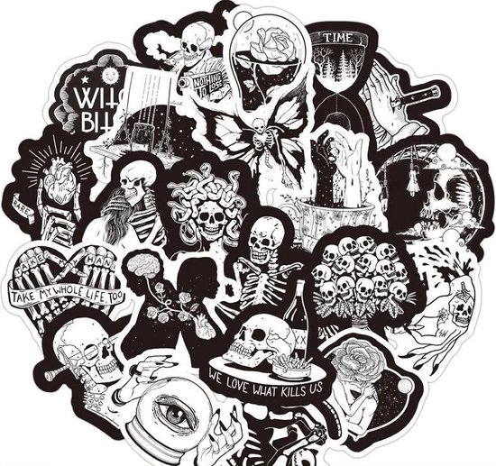 50 zwart/wit stickers met skeletten en schedels - Gothic/Dark mix